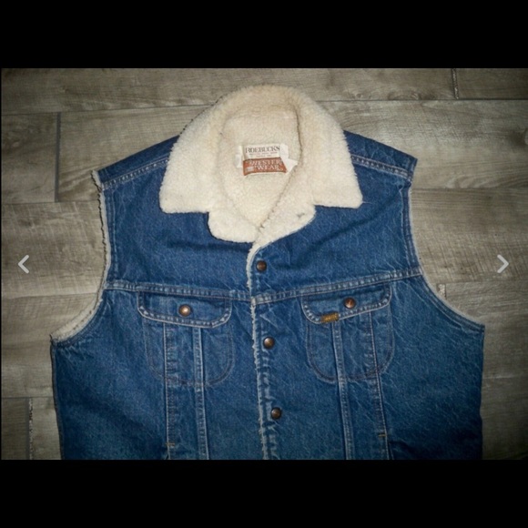 Vtg Sears Roebucks Denim Jean Western Wear Men's Sherpa Vest Jacket Size Medium